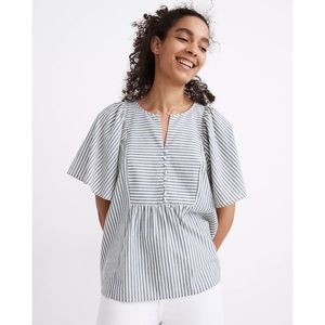 Madewell Blouse Courtyard Flutter-Sleeve Top in Stripe Blue White S